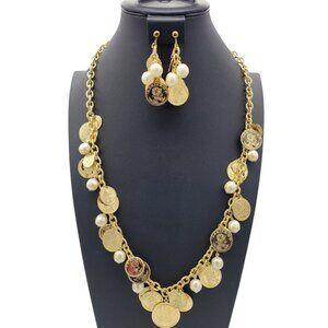 Vintage Coin & Faux Pearl Necklace & On Clip Earrings Set Bright Gold Tone
